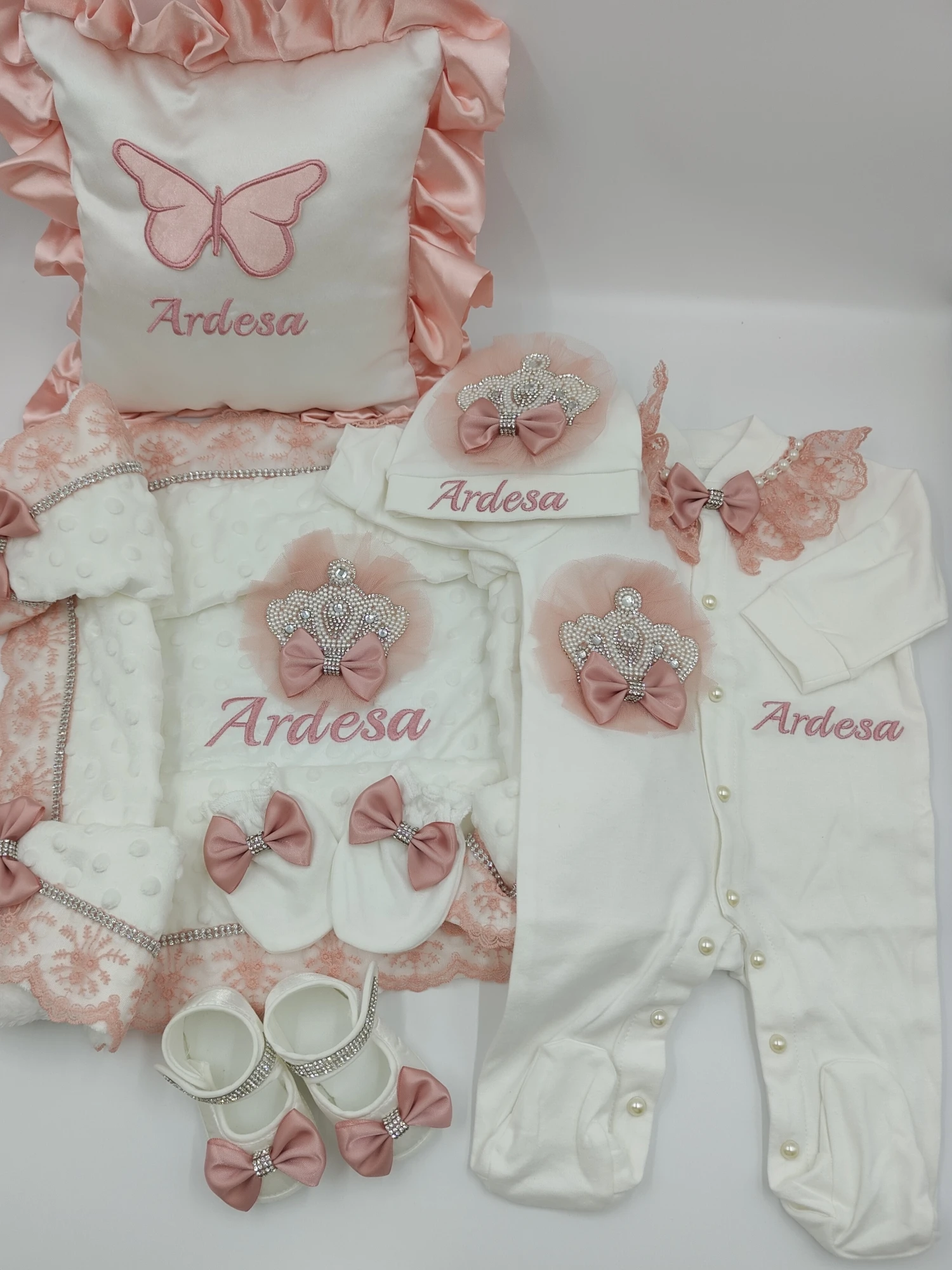 Magnificent Luxury Rhinestone Crown Newborn Outfit Set Dusty Pink Satin Bow Baby Full Month Footed Romper