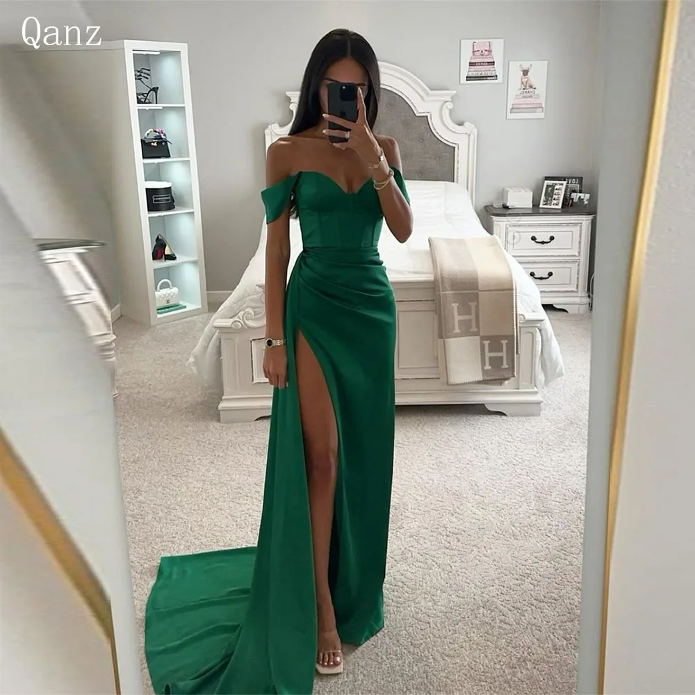 

Qanz Sexy Emerald Green Prom Dresses Mermaid High Leg Slit Satin Vestidos De Gala Party Dress Women Elegant Customized