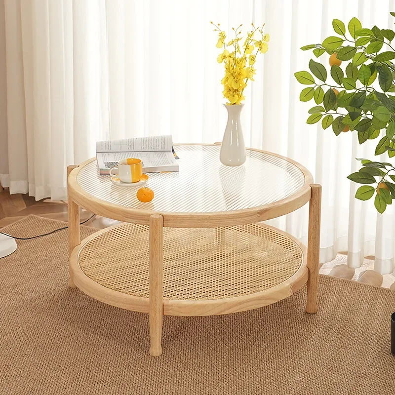 Solid wood rattan glass coffee table simple and fashionable new living room balcony leisure Changhong glass home