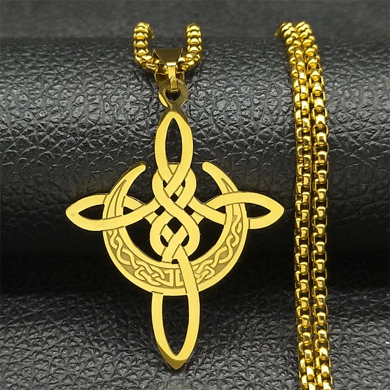 Witch Crescent Moon Knot Pendant Necklace for Women Men Stainless Steel Gold Color Irish Celtic Knot Chain Jewelry NZZZ790S02