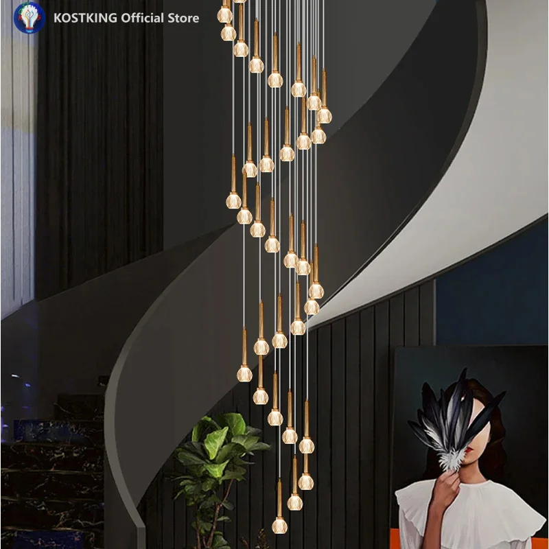 2025 Designer-Style Loft Duplex Staircase Pendant Light Villa With Grand And Luxurious Open-Space Rotating Crystal Chandelier