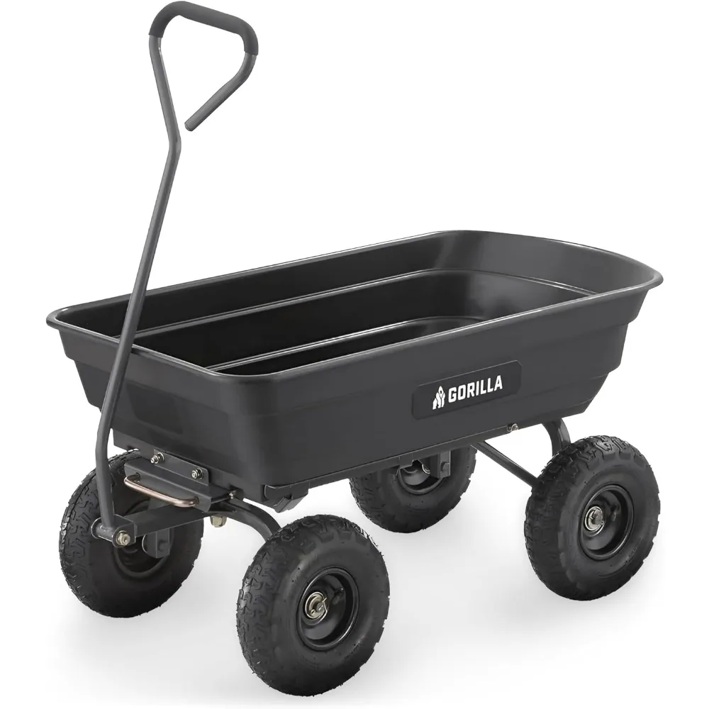 

poly garden dump cart, 4 cu ft tub, 600 lb haul capacity, black – heavy-duty utility wagon with quick-release dumping & pneumat