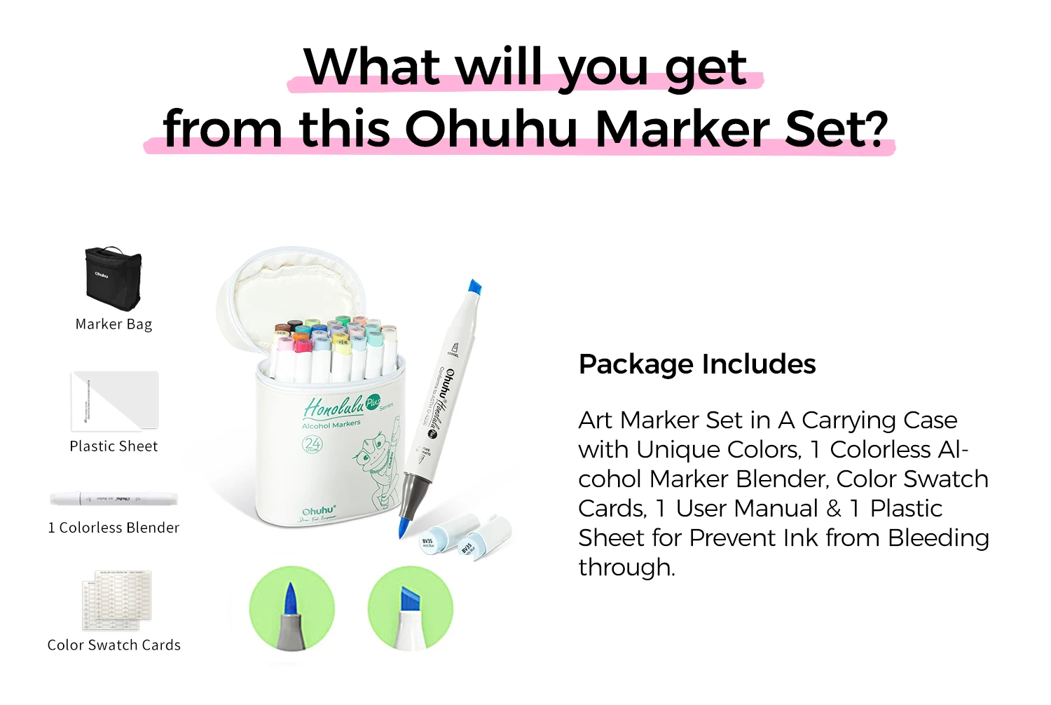 Ohuhu Honolulu Plus 24 Colors Alcohol Markers Double Tipped Art Marker Set Refillable Marker Pen Coloring Illustrations Drawing