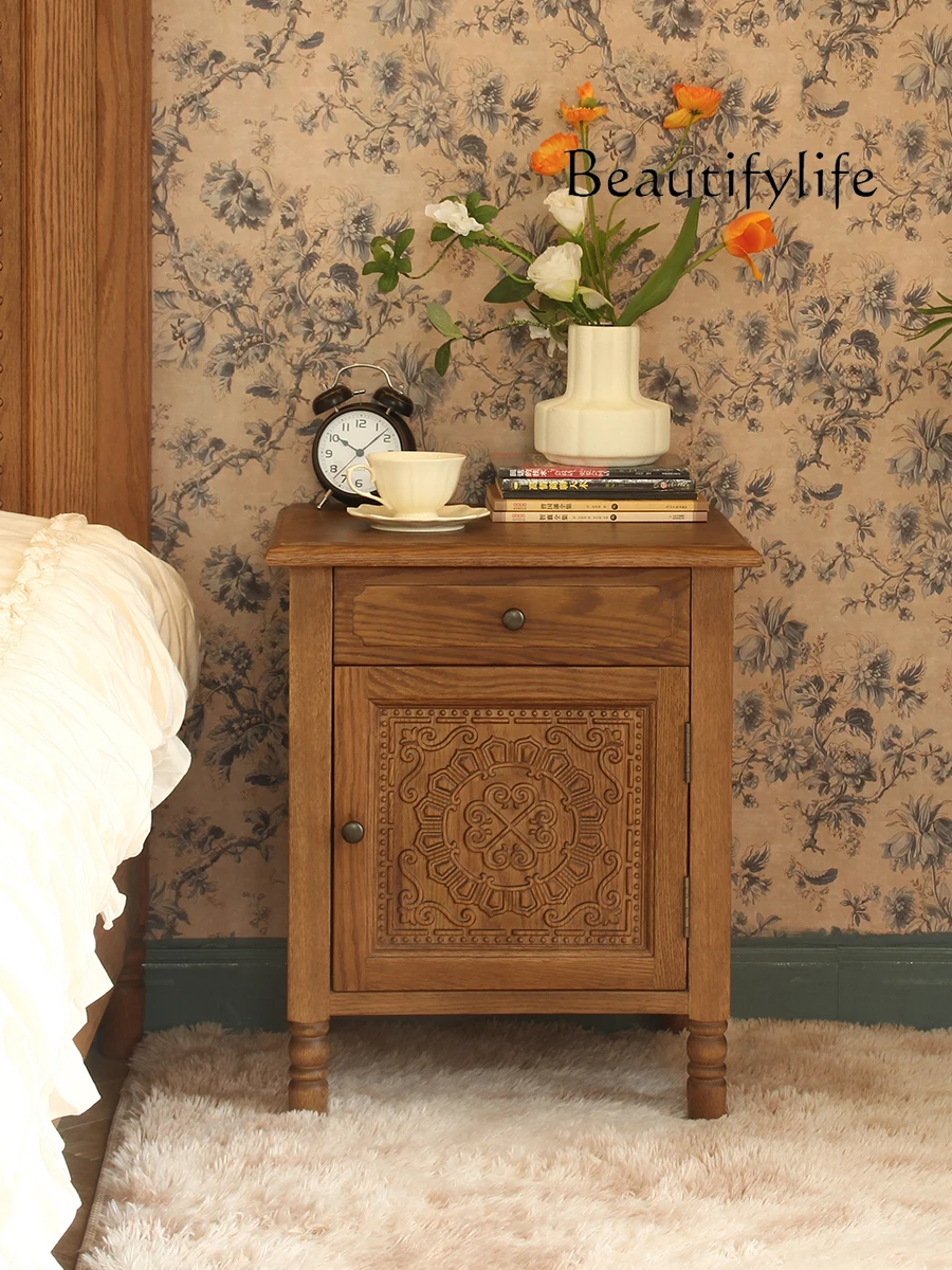 American Country Solid Wood Bedside Cabinet Vintage Pastoral Style Locker