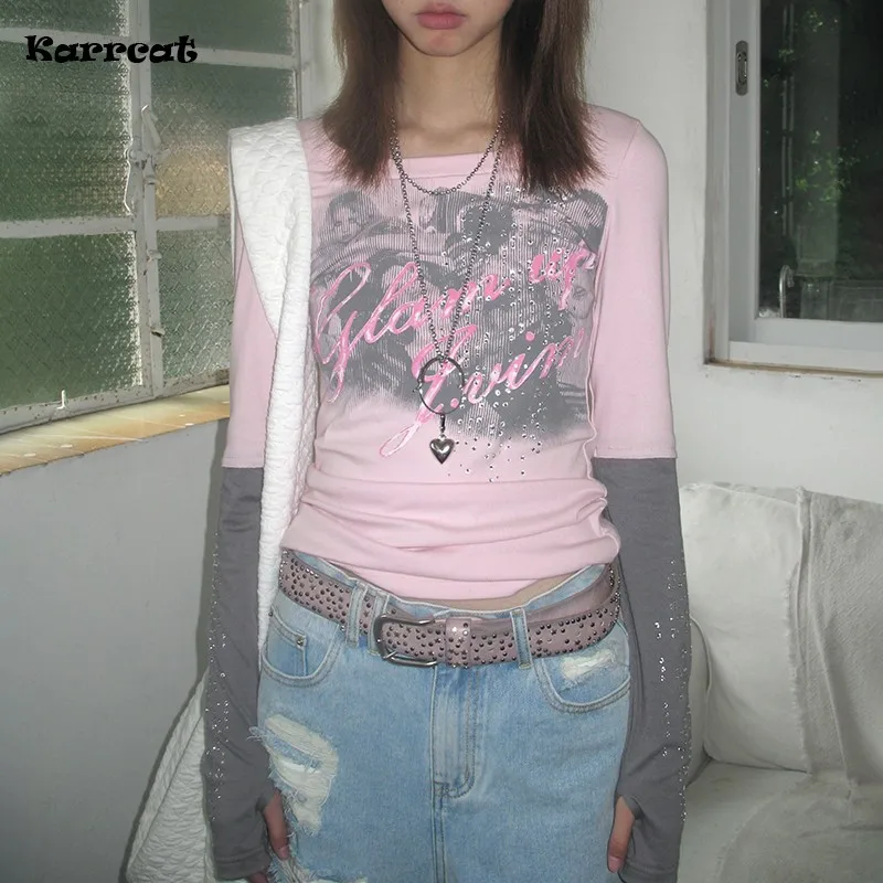 Karrcat Grunge Patchwork T-shirt Y2k Aesthetics Fake Two-piece T Shirt Fairycore Diamond Pink Tops 2000s Harajuku Streetwear