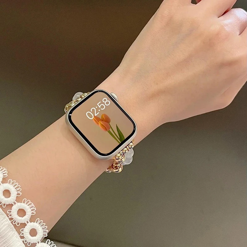 Metal Strap For Apple Watch UItra 8 7 49mm 45mm 44mm Luxury Crystal Pearl Bracelet For IWatch Series 6 5 SE 42mm 40mm 38mm Band