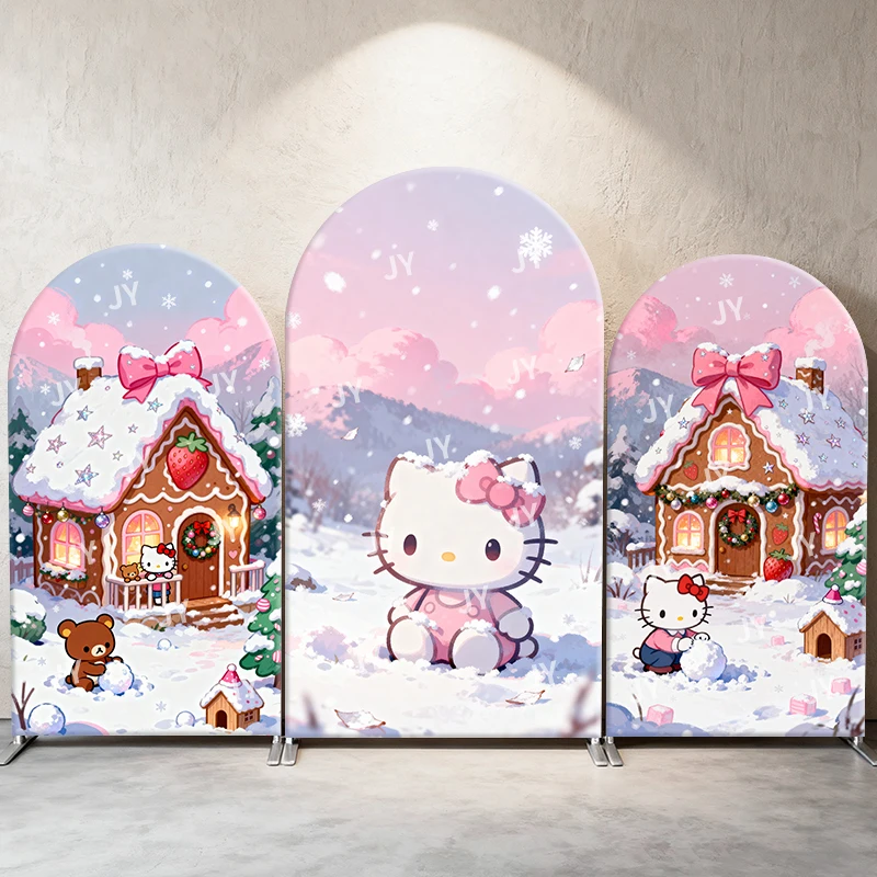 

Hello Kitty Arch Backdrop Cover Winter Snow Cute Cozy Cartoon Style Birthday and Baby Shower Party Photo Booth Decor Props