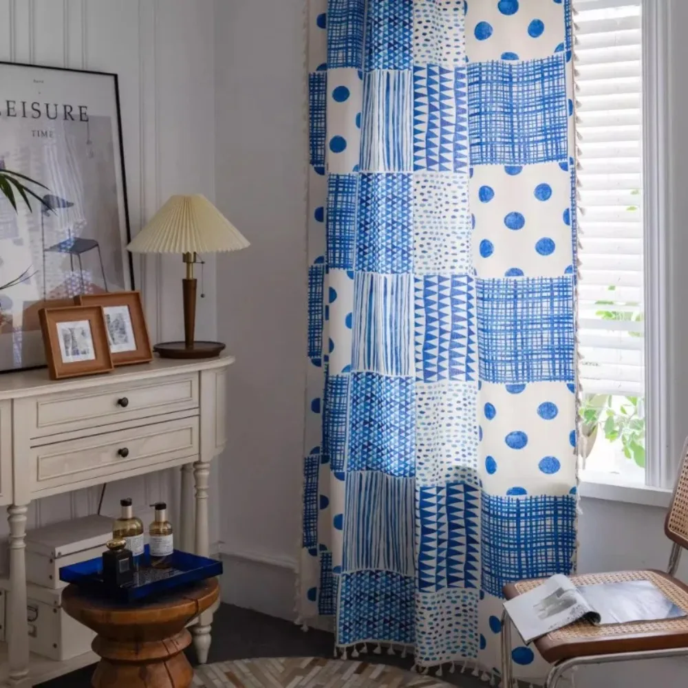 Blue Curtains for Living Room Punch Free Splicing Printed Through Pole Kitchen Blackout Window Thermal Insulated Custom