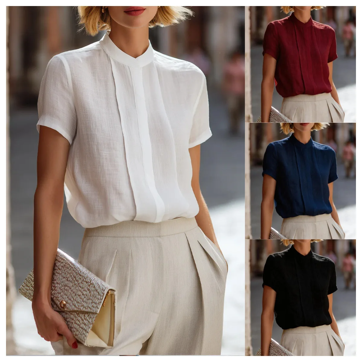 

2026women's New Summer Style Fashionable Elegant French Stand-up Collar Short-sleeved Simple Commuting Versatile Shirt for Women