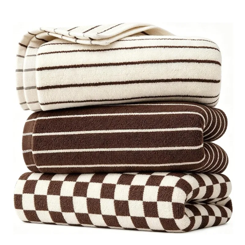 Brown White Cotton Towels Set - Lint-Free Soft Two-Tone Striped Bath Towel Collection 1/4/6PCS Bathroom Towels Christmas Gift