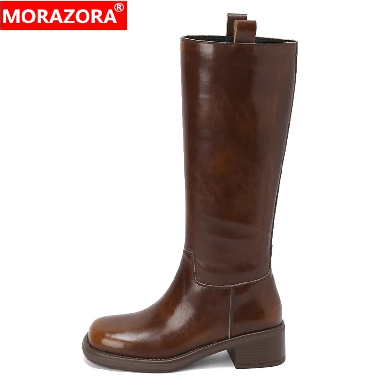 

MORAZORA Size 34-42 New Genuine Leather Chelsea Boots Women Slip On Retro Knee High Boots Autumn Winter Black Brown Ladies Botas