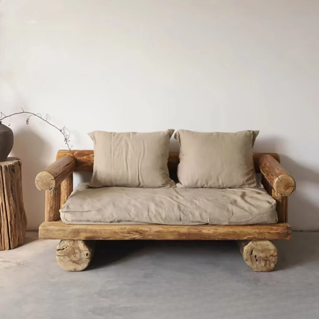 Sofa bed log bed and breakfast small furniture Chinese living room solid wood double triple sofa