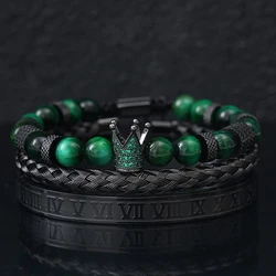 Luxury Set Tiger Stone Beads Crown Charms Man Bracelet Black Roman Stainless Steel Bangles Women Jewelry All Hallowsโ Day Gift