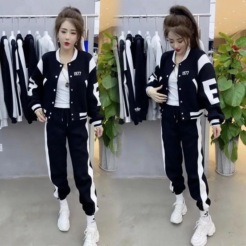 

Осенняя новая корейская версия, модный повседневный комплект спортивной одежды, женское однобортное пальто с круглым вырезом + колготки, комплект из двух предметов