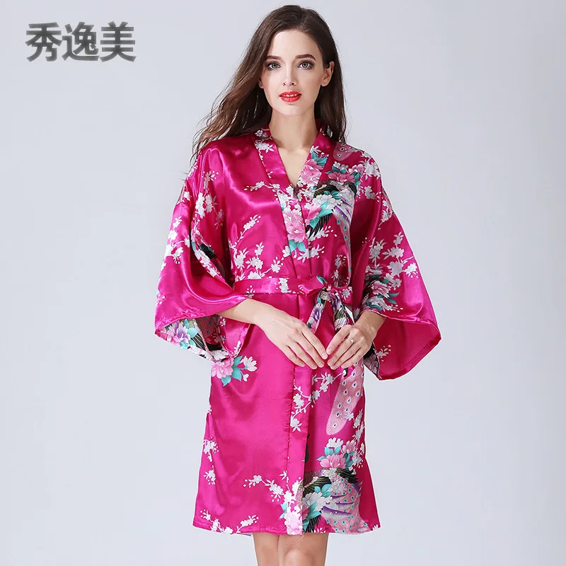 

Women's pajamas autumn and winter mid-sleeve imitation silk nightgown bathrobe sexy home wear bathrobe