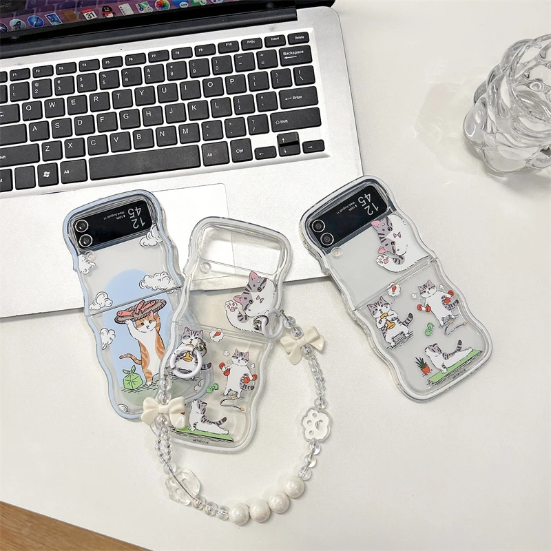 

Cute Cartoon Cat Wavy Phone Case For Samsung Galaxy Z Flip 5 4 3 Z Flip4 Flip5 Flip3 5G Cover with Chain Kawaii Silicone Cases