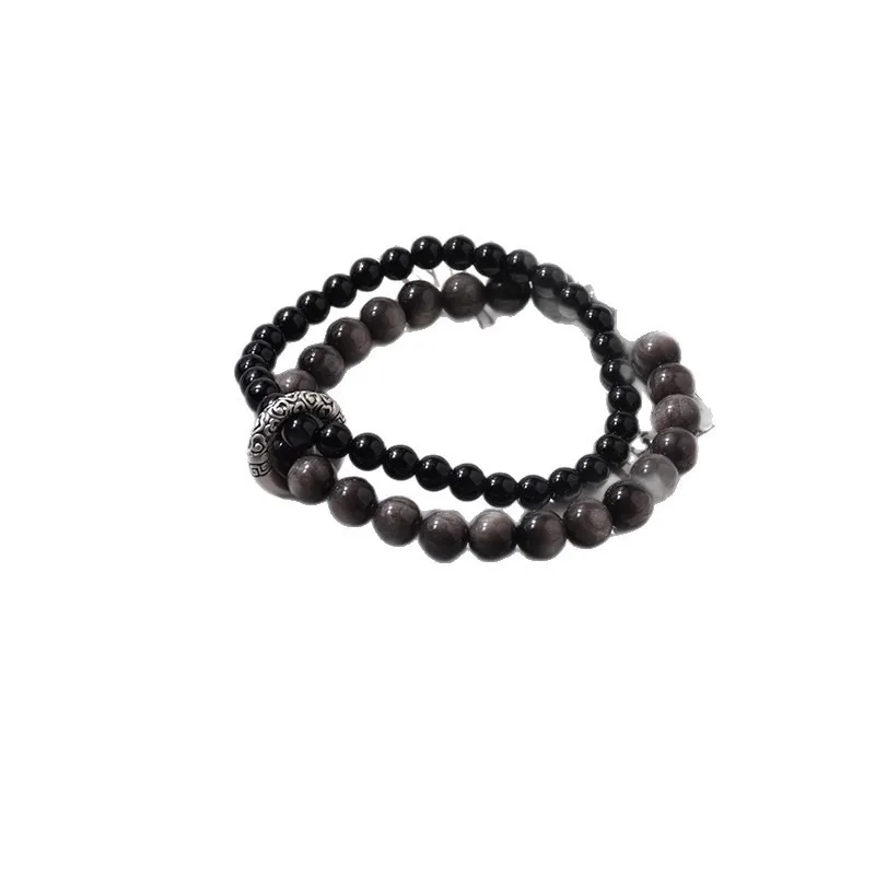 Natural Obsidian Tibetan Silver Peace Buckle Bracelet Double Layer Beaded Bracelet for Men and Women Gifts