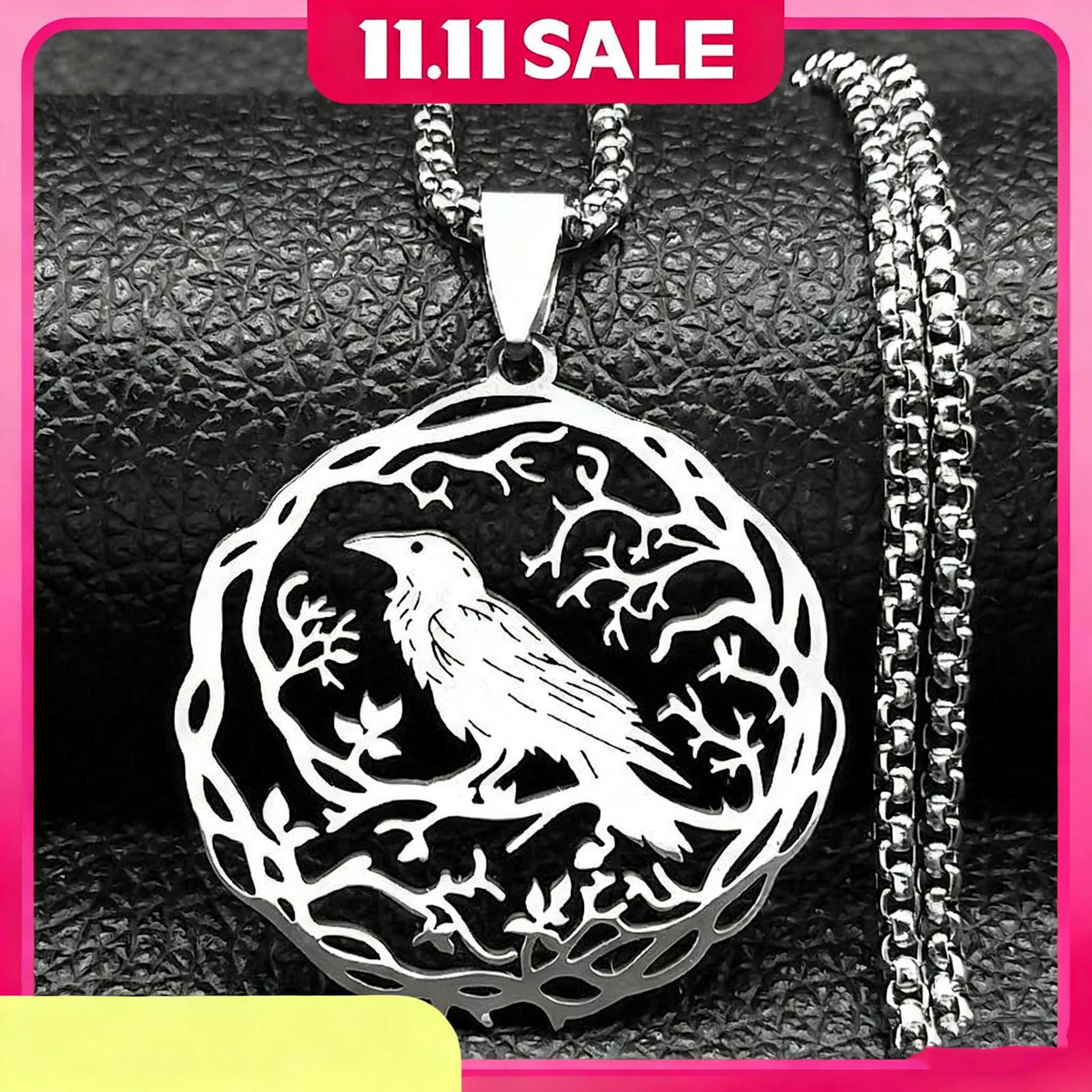 Gothic Hollow Crow Raven Birds Pendant Necklace Women Men Stainless Steel Chain Goth Black Color Tree Jewelry Halloween Gifts