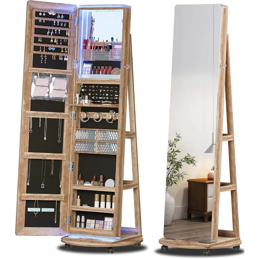 360° Swivel Standing Full Length Mirror Jewelry Cabinet with Lights, Jewelry Armoire Storage with Mirror, Floor Stand up Jewelry