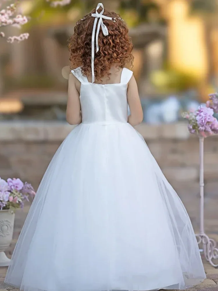 Vestidos de niña de flores de tul blanco sin mangas para boda, fiesta de cumpleaños, banquete, vestidos de princesa de comunión personalizados
