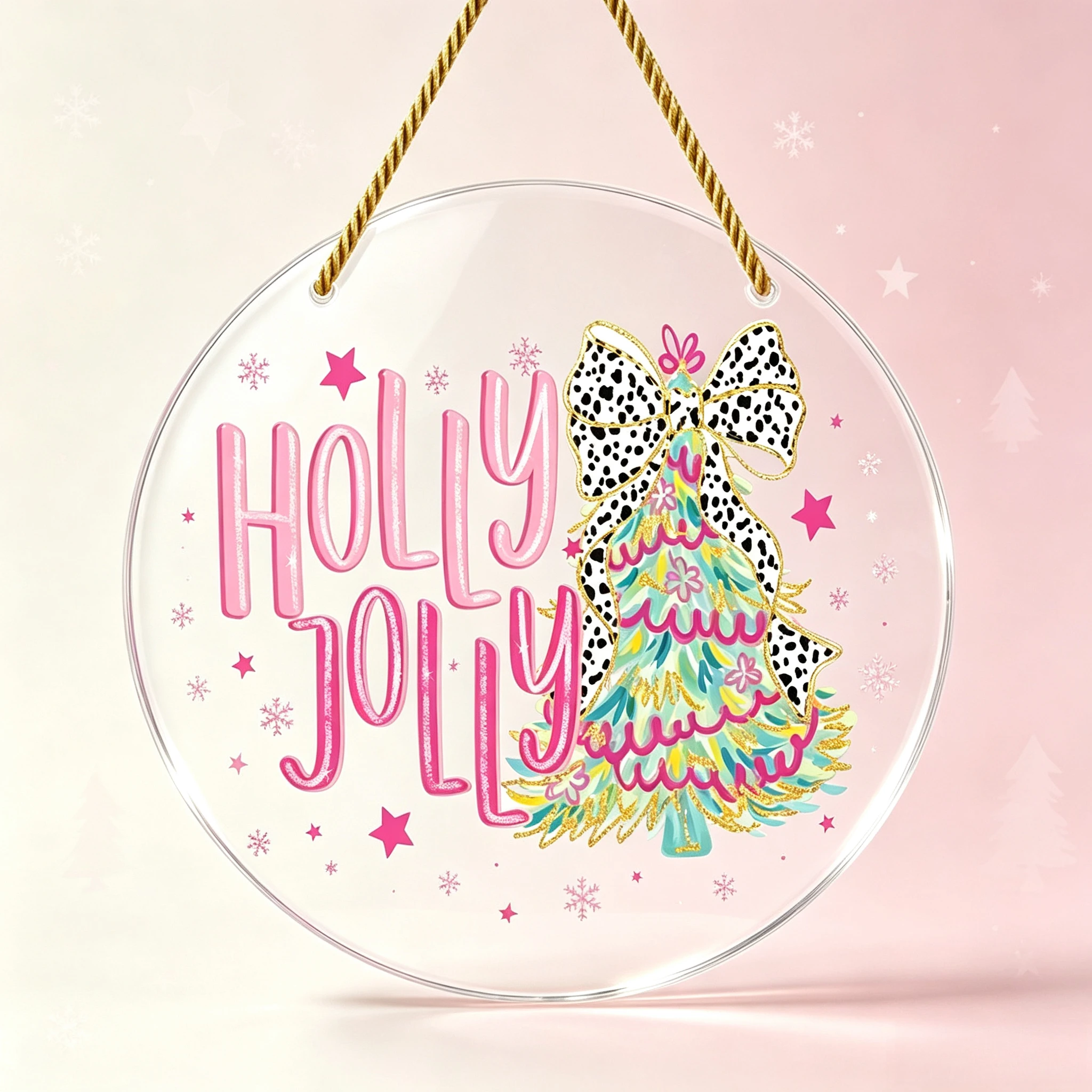Holly Jolly Leopard Bow Christmas Tree Round Acrylic Hanging Sign, Pink Holiday Door Decor