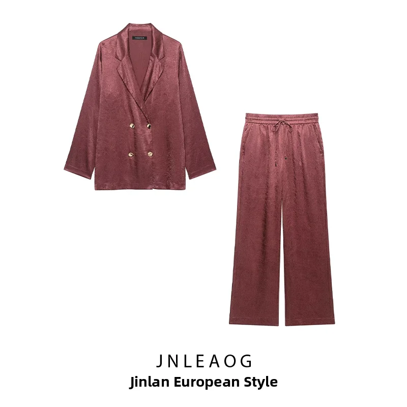 JNLEAOG Summer New Women's Fashion Pleated Effect Drapey Suit Jacket Wide Leg Pants Two Piece Set Regular Length Autumn Wear