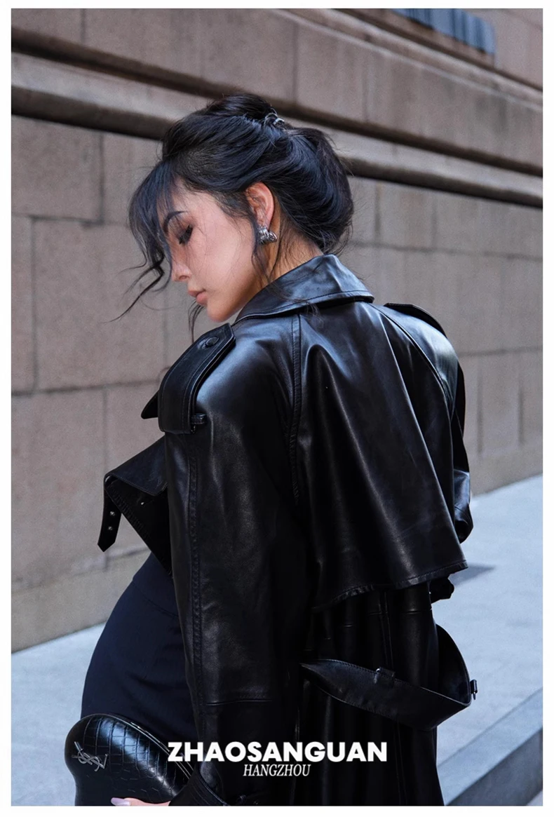 Lautaro Spring Autumn Cool Extra Long Black Loose Pu Leather Trench Coat for Women with Shoulder Pads Belt European Fashion 2024