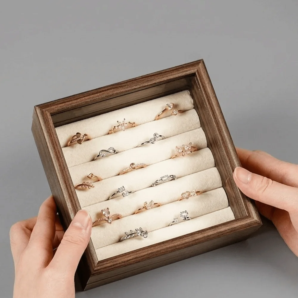 Glass Lid Wood Jewelry Box Velvet Interior Dust-proof Jewelry Organizer Durable Convenient Ring Display Holder Office