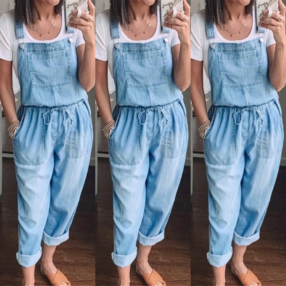 Overalls gewaschen Jeans Denim mittlere Taille knöchel lange Overalls lose Taschen gerade Hosen lässig gespleißt solide Kordel zug