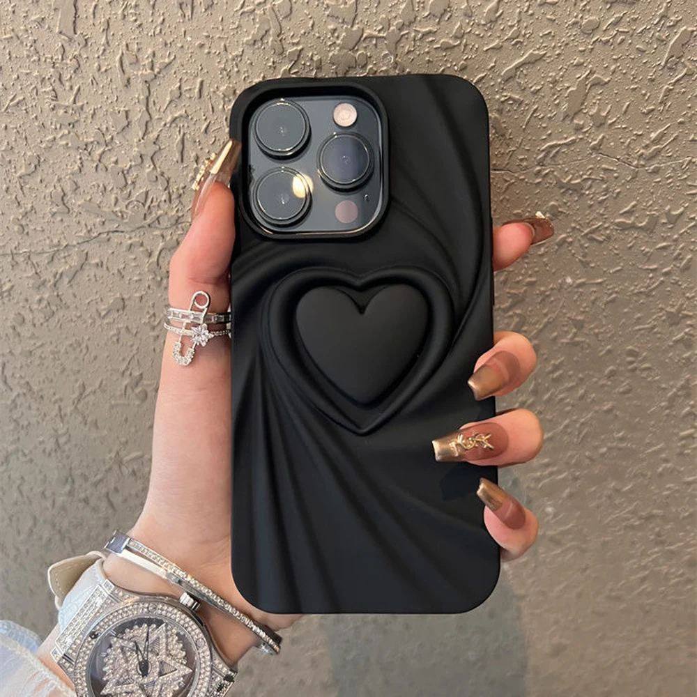 Beautiful 3D phone case with a heart, shockproof back case for iPhone 15,14,13,12,11 Pro Max, smooth TPU, stylish, matte caramel