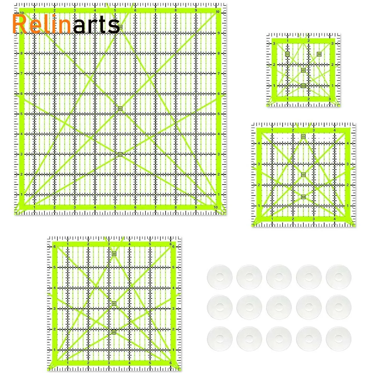 4Pcs Acrylic Square Quilting Ruler Set + 24 Anti Slip Grips, 3.5/5/6.5/10.5 Inch Sewing Cutting Template Tool