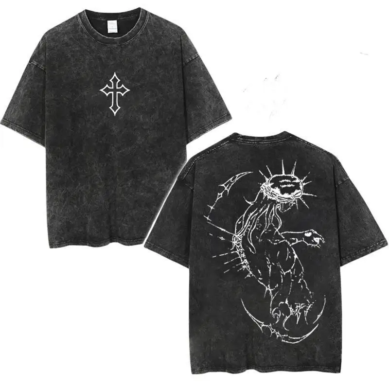 

JJBA Jesus Pump Cover – Oversized Gym Tee with Embroidered Cross | Graphic Streetwear Gift for Anime & Fitness Fans Distressed F