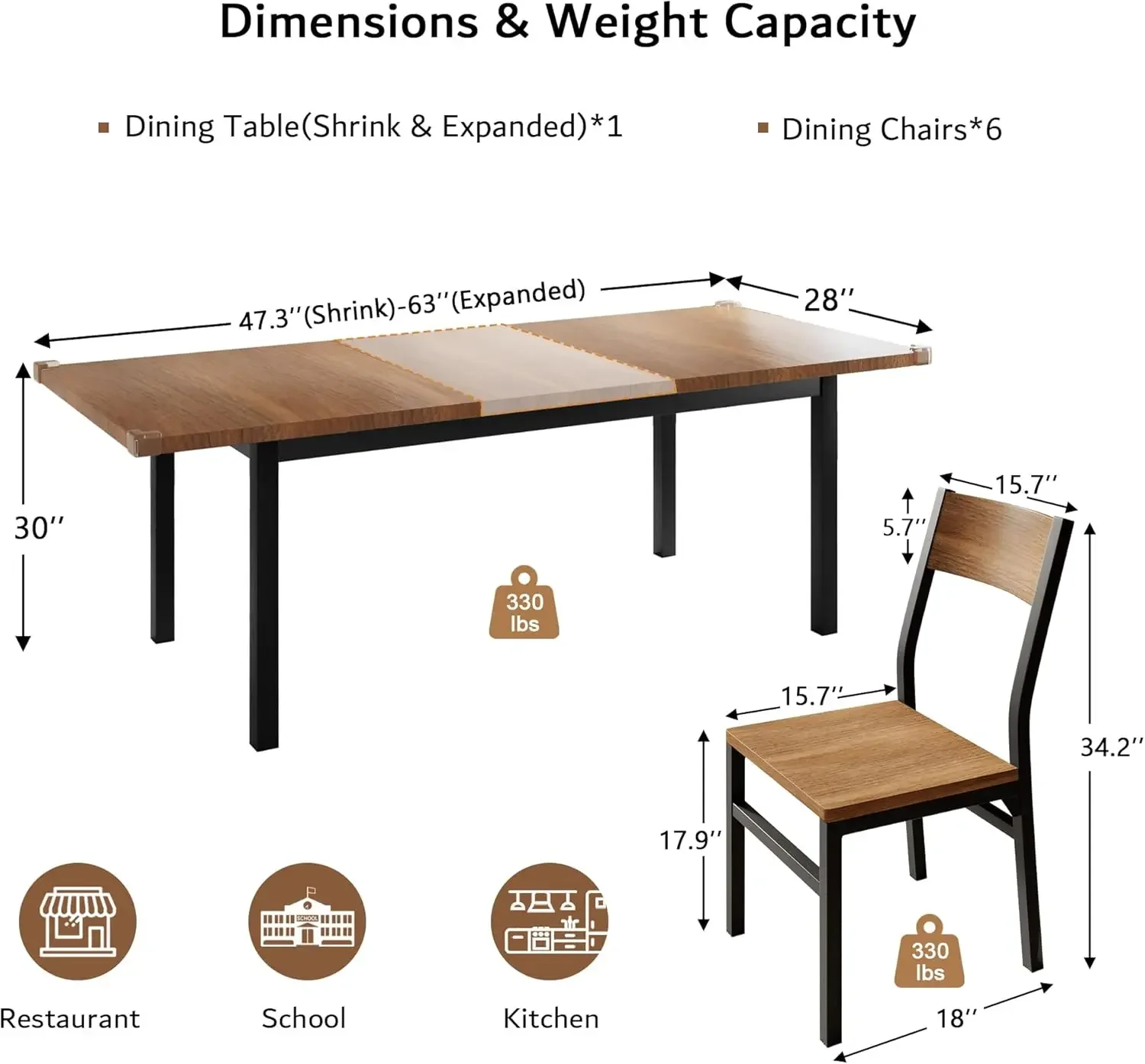 iPormis 7 Pieces Dining Table with 6 Chairs, 63