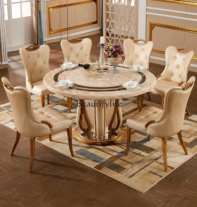 

Marble round Table European Style Light Yellow Villa Table and Chair Combination Home