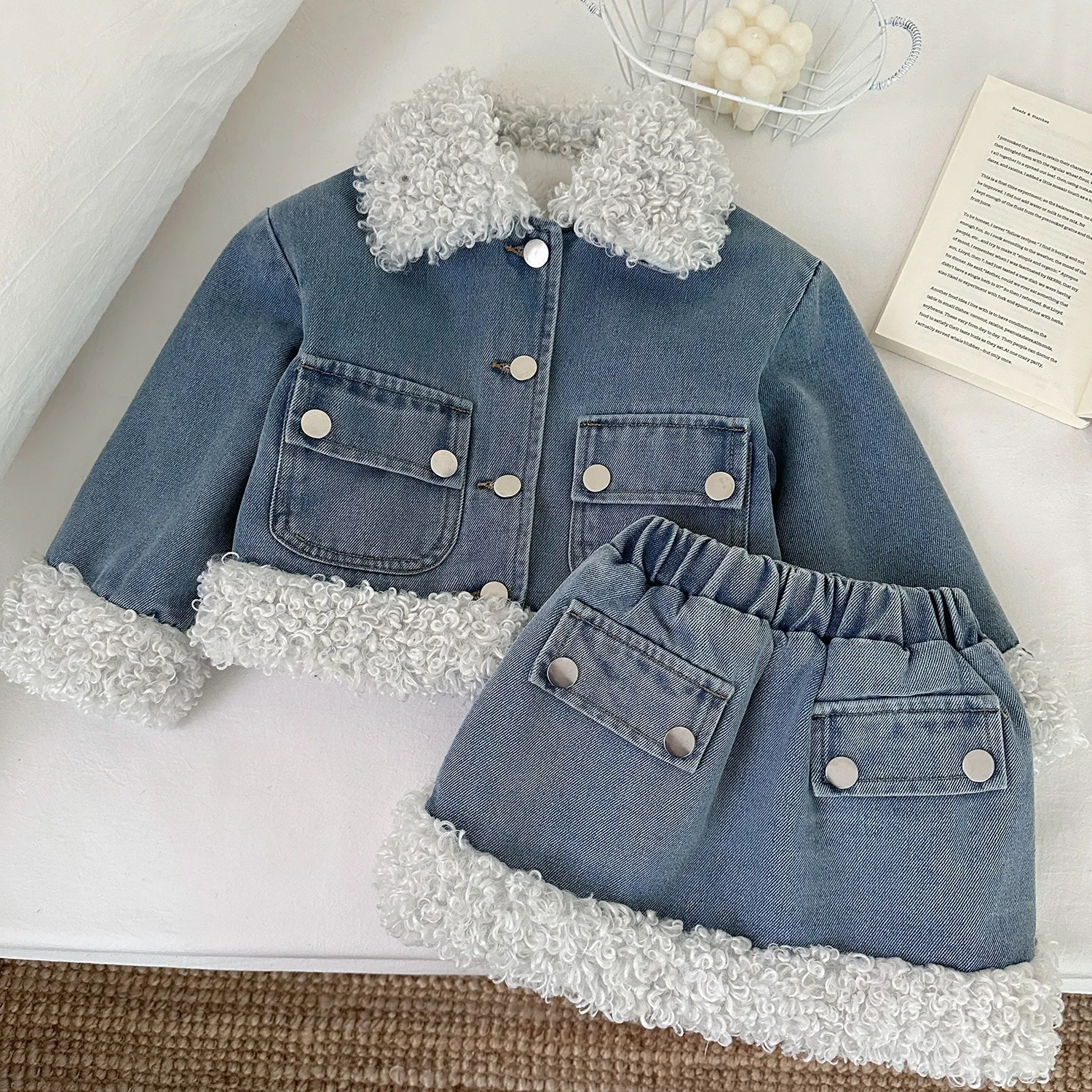 

Girls Dress clothes sets winter Children Fashion Thick Velvet Jackets Skirts 2pcs Denim Suit For Baby Warm Outfits Kids Outfits