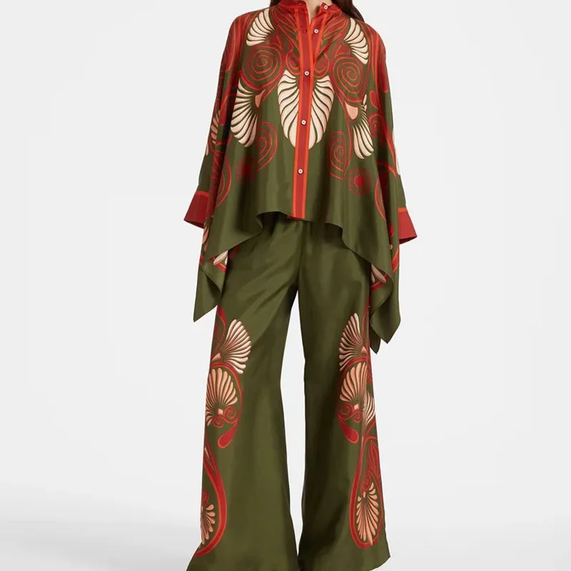 

Красивый весенне-летний свободный костюм с принтом, женский винтажный наряд нестандартной формы, модный топ с круглым вырезом и рукавами «летучая мышь» и длинными брюками