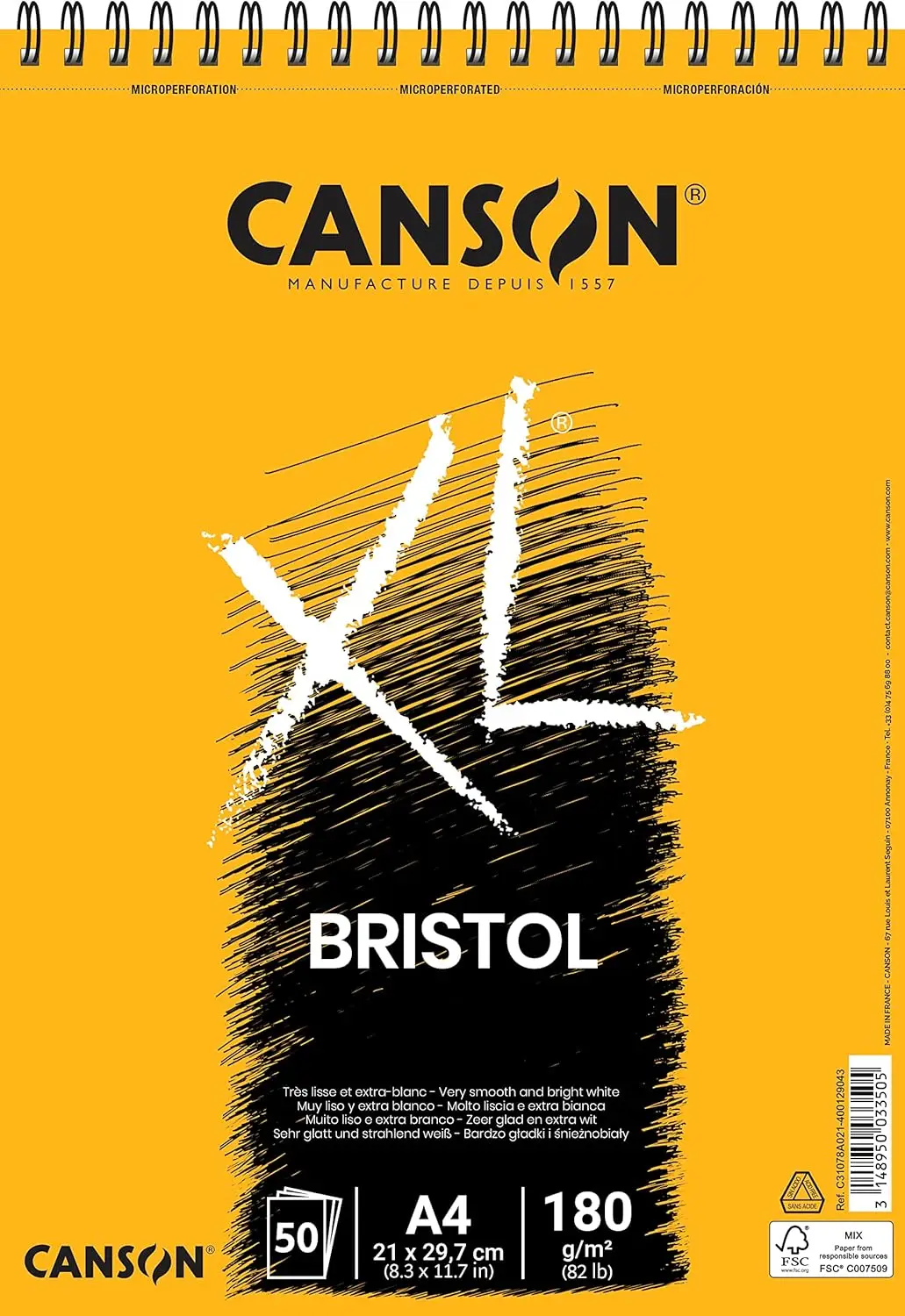 

Бумага XL Bristol 180 г/м² формата А4, очень гладкая, блок на спирали, короткий боковой шов, 50 особо белых листов для профессиональных художников и иллюстраторов