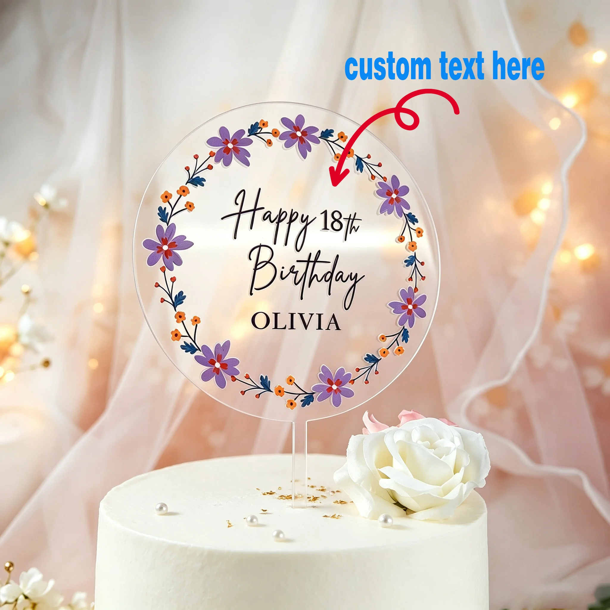 Personalized Watercolor Flower Wreath Cake Topper Custom Text Acrylic Birthday Rustic Cake Ornament For 18th 30th Party Decor
