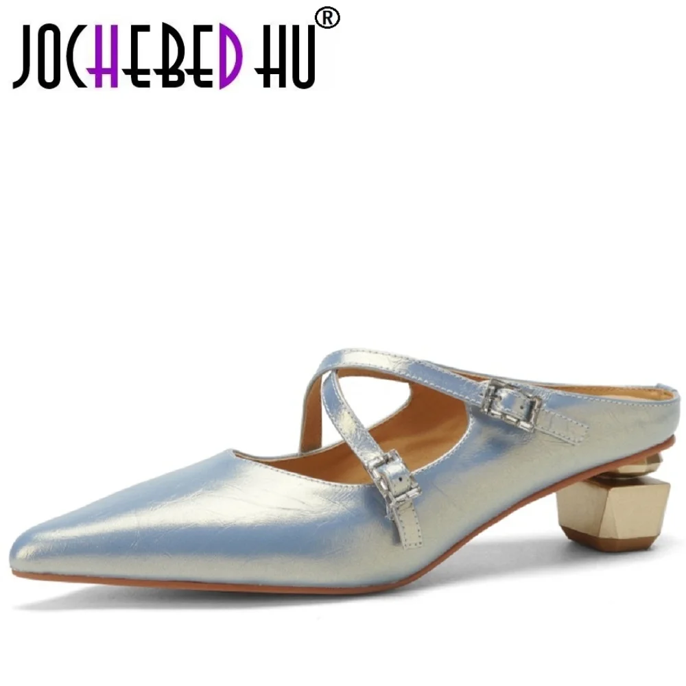 

【JOCHEBED HU】Women's Handmade Genuine Leather Retro Pointed Toe Cross Buckle Mid Heel Shoes Comfortable Commute 34-40