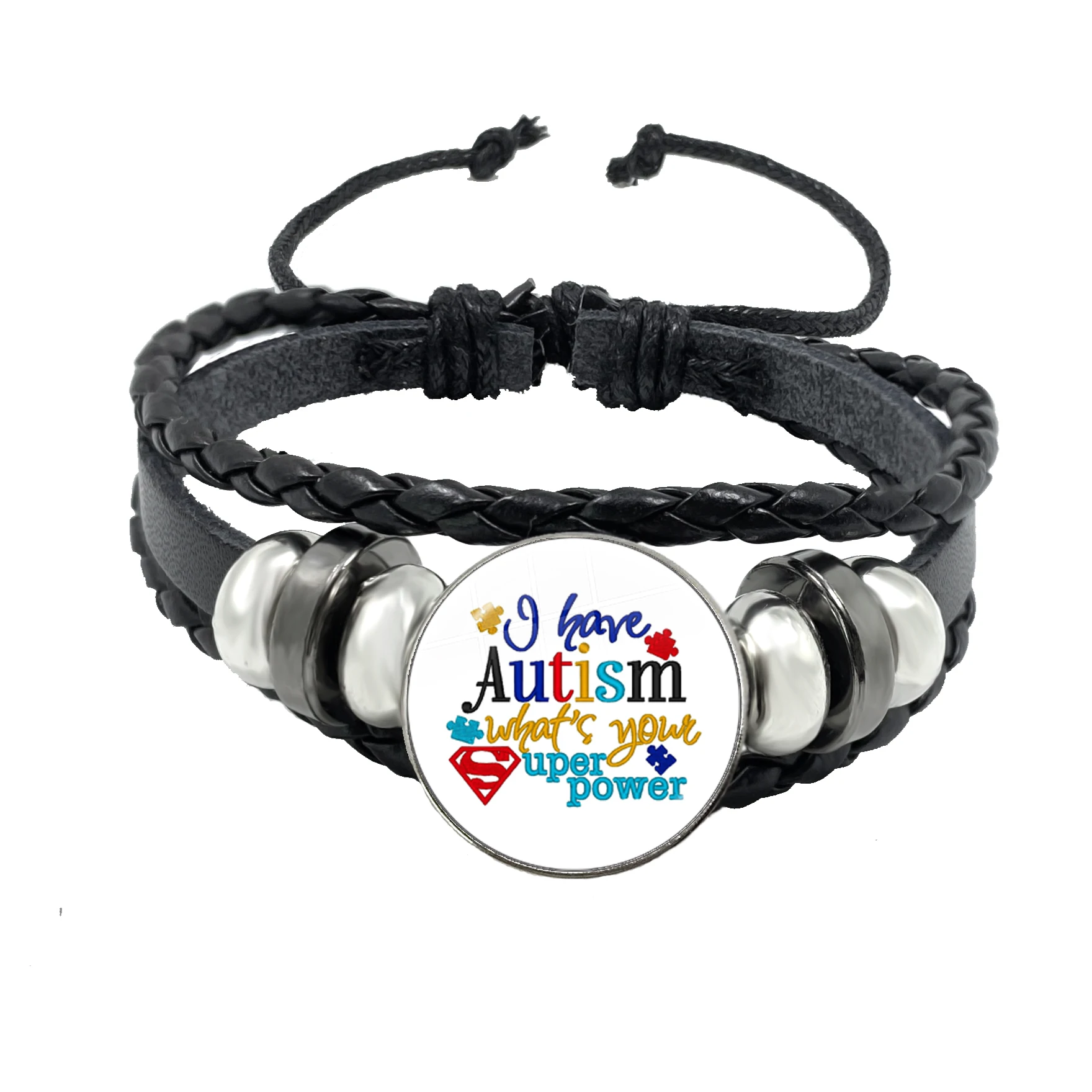 Puzzle Piece Autism Awareness Hope Butterfly Charm Black Blue Color Leather Bracelets Men Women Jewelry