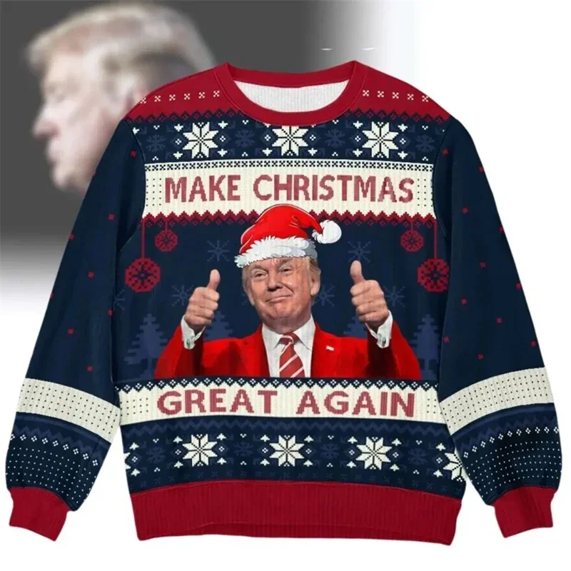 Autumn New Christmas Sweater Donald Trump 3D Print Funny Xmas Sweatshirts For Women Clothes Fashion Oversized Kids Tracksuits