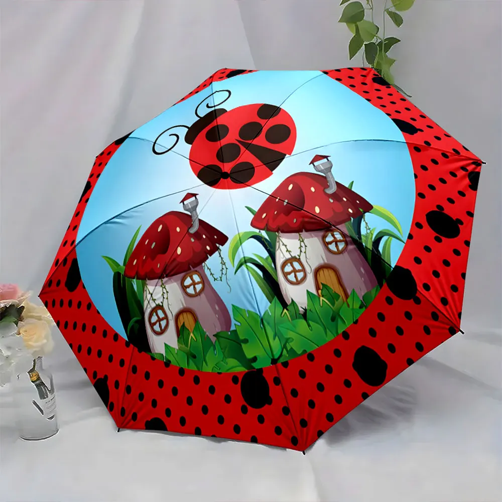 1PC Ladybug and Mushroom Houses Themed Umbrella Print 8 Iron Ribs Folding Umbrella Auto-Open Fashion Sunshade