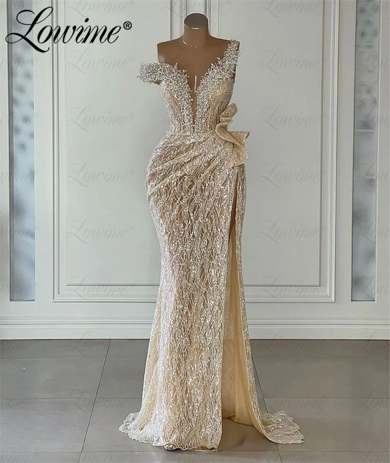 

Champagne Arabic Long Formal Occasion Dress V Neck Beaded Crystals Split Side Mermaid Prom Party Dress For Weddings Abendkleider