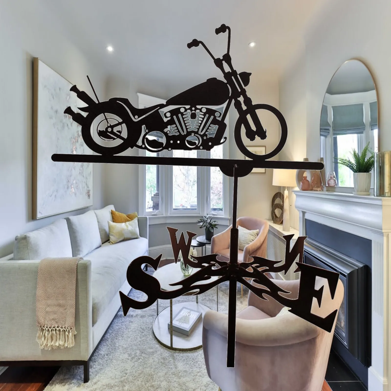 Metal Weathervane Motorcycle Silhouette Wind Direction Gauge for Outdoor Roof Garden Yard Decorative Art