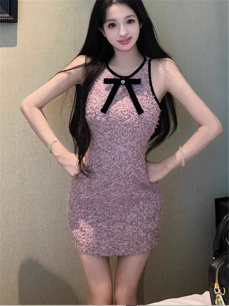 French Celebrity Lady Summer Bow Purple Pencil Tank Dress Elegant Women Sleeveless Bodycon Suspender Straps Mini Party Dress