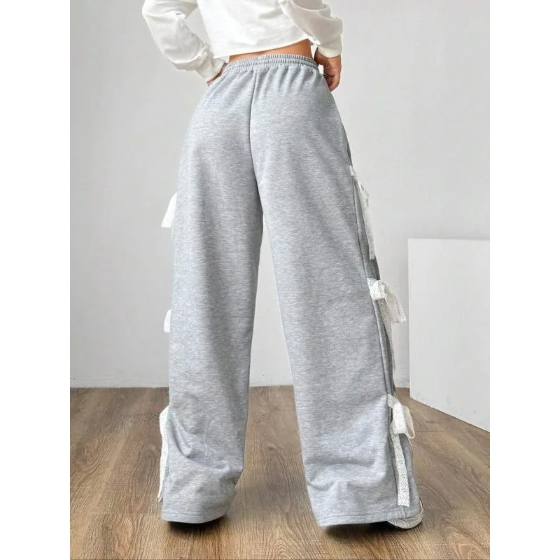 Plus Size 1XL-5XL Women's Fashion Lace Lace-up Pants Vintage Harajuku 90s Aesthetic Sweatpants Retro High Waist Wide Trousers