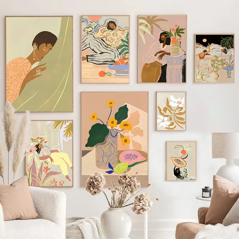 Colourful Abstract Lazy Girl Art Poster Flower Lemon Fruit Canvas Painting Scandinavian Modern Minimalist Home Decor Wall Art