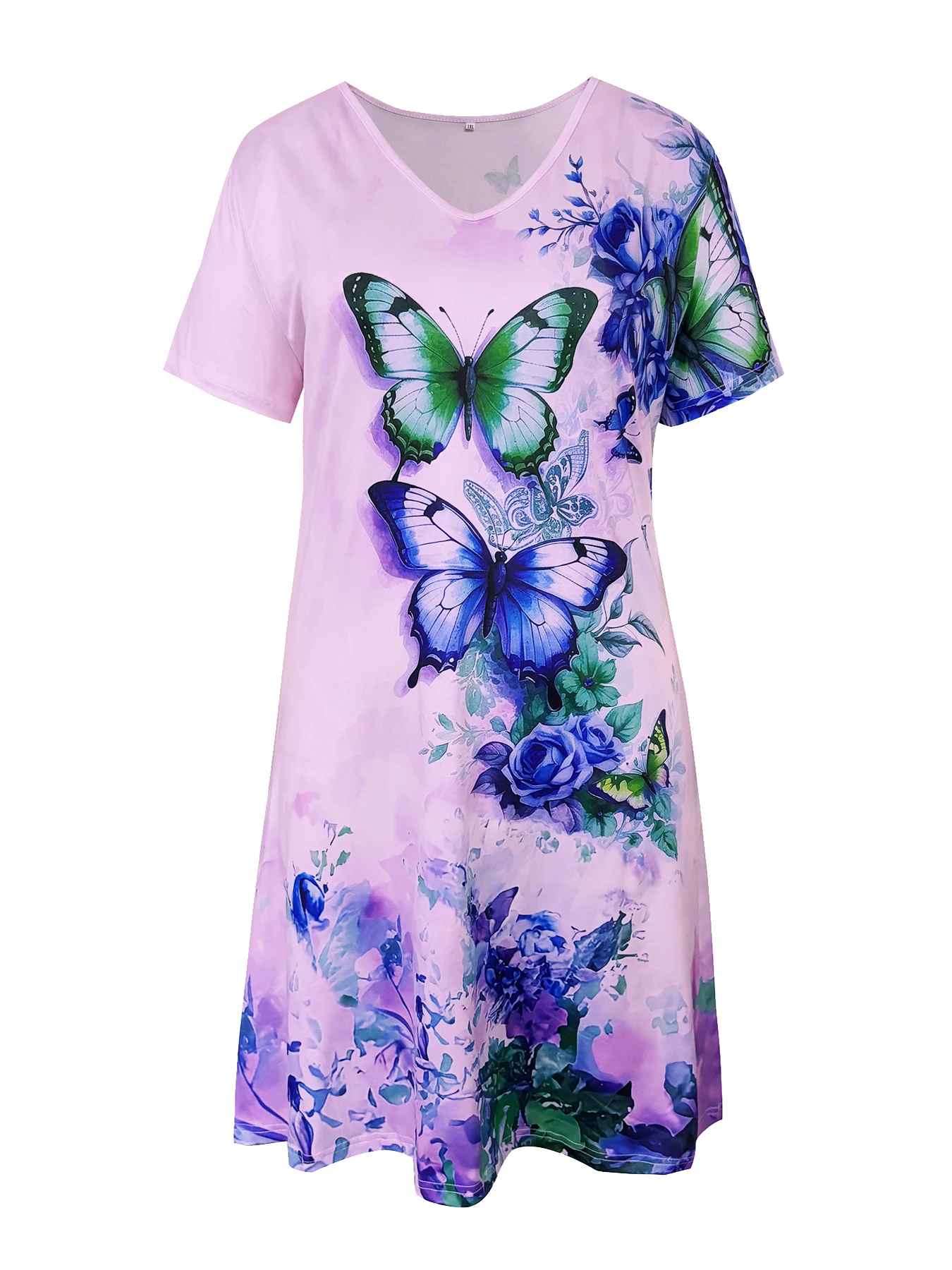 Plus Size Women Butterfly Floral Print V Neck Dress Short Sleeve Casual Ladies Summer Midi Dress