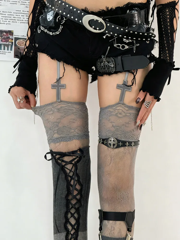 

Y Demo Sexy Y2k Millennium Over Knee Lace Stocking Cross Straps Hollow Out Gray Layered Stockings Set