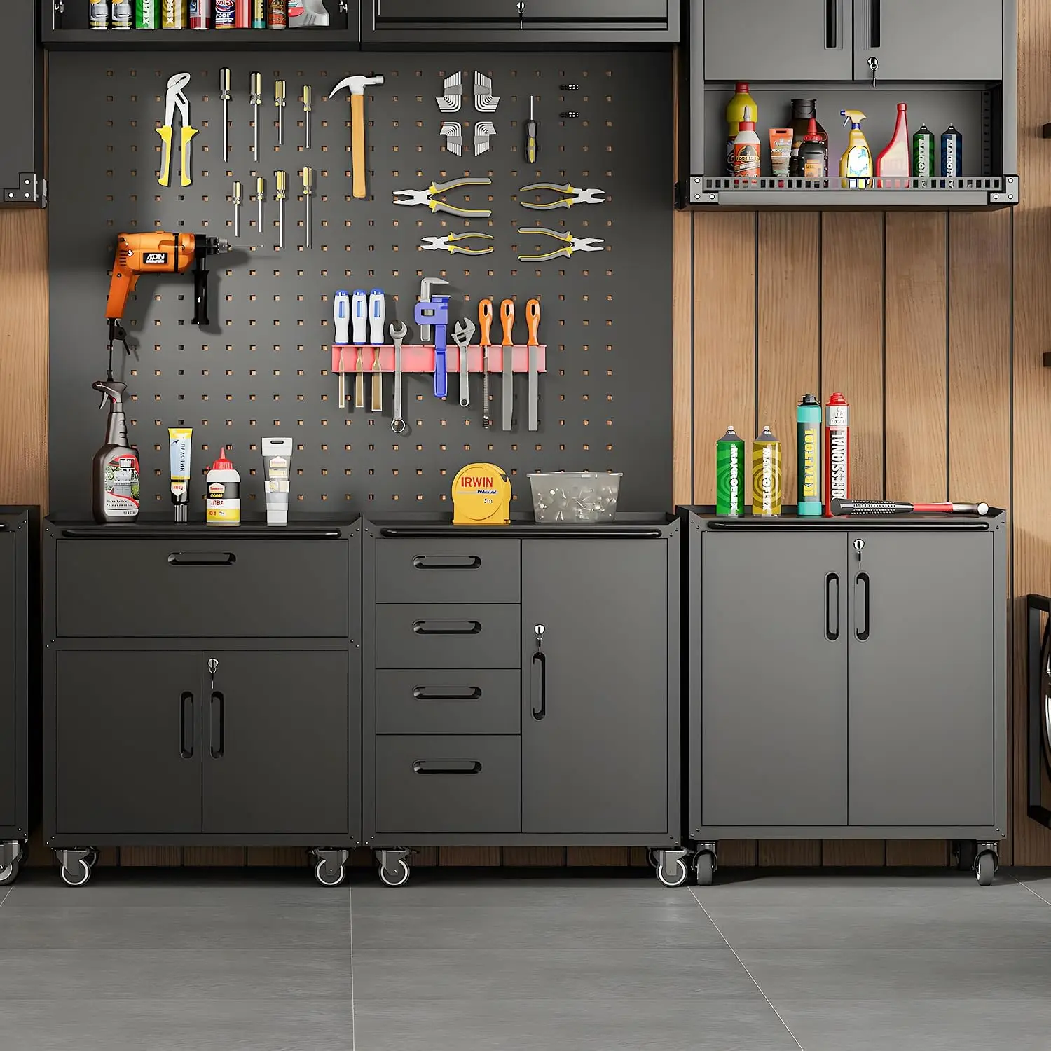 Garage Tool Cabinet Set,Heavy Duty Steel Rolling Tool Chest with Lockable Doors & Adjustable Shelves